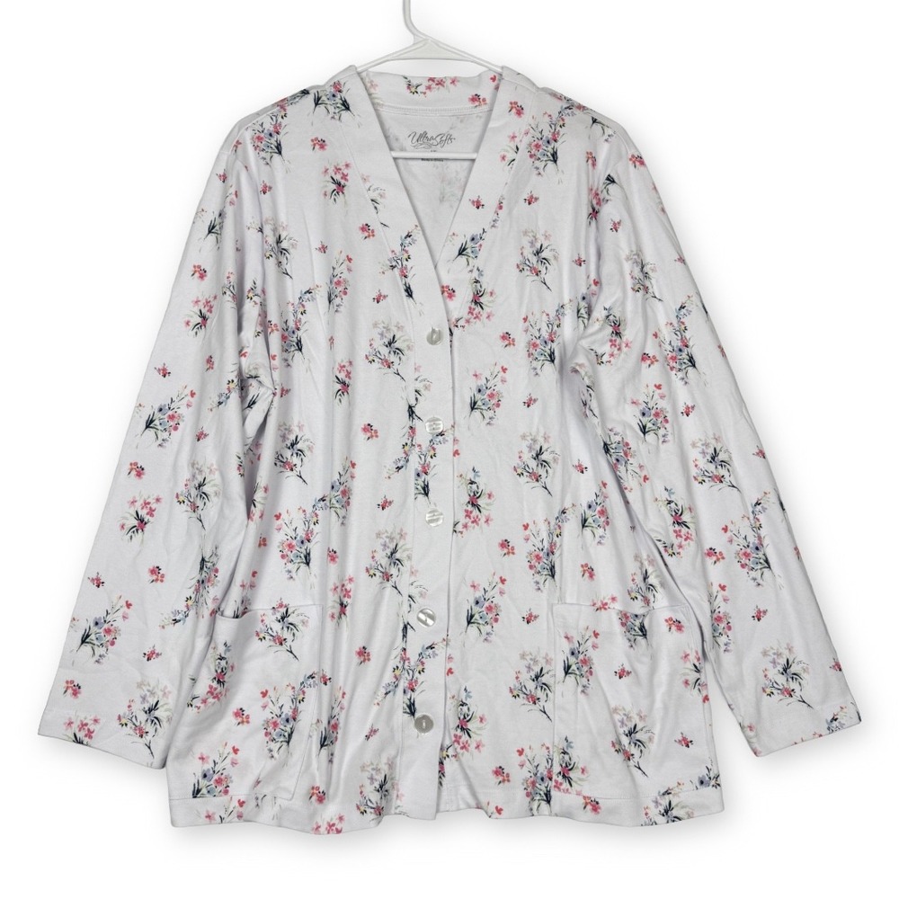 National UltraSofts Floral Button Front Cardigan Top White Pink 1X 24456 NEW